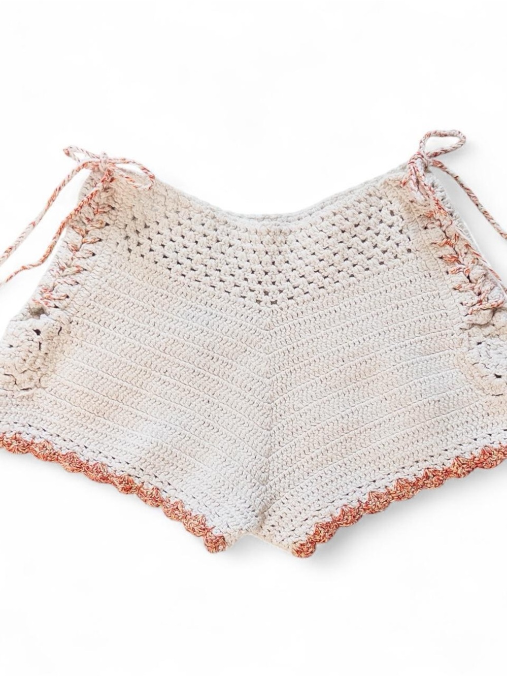 Handmade Crochet Tie-Side Shorts | Cream & Rust Trim | Fits Small